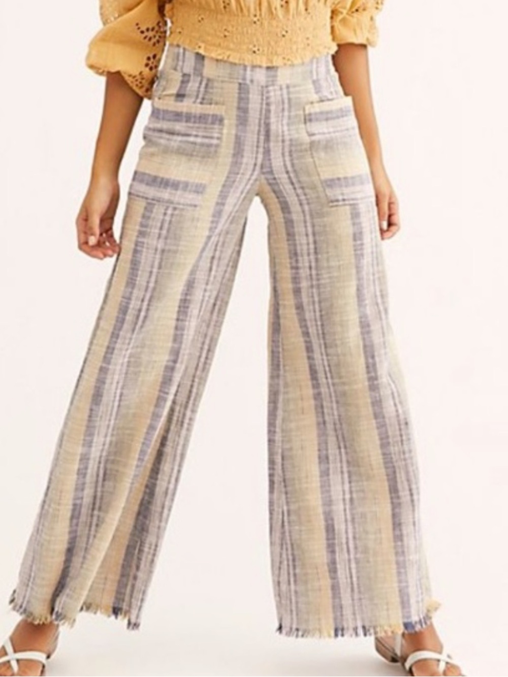 Free People Vertical Striped Wide-Leg Pants in Beige and Blue